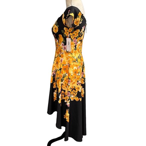 Premier Amour Dress Women 6 Black Yellow Floral Asymmetrical Retro Pin Up - Picture 2 of 12